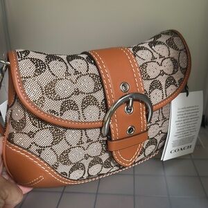 Coach Brown and Cream Monogram Shoulder Bag with Buckle Detail